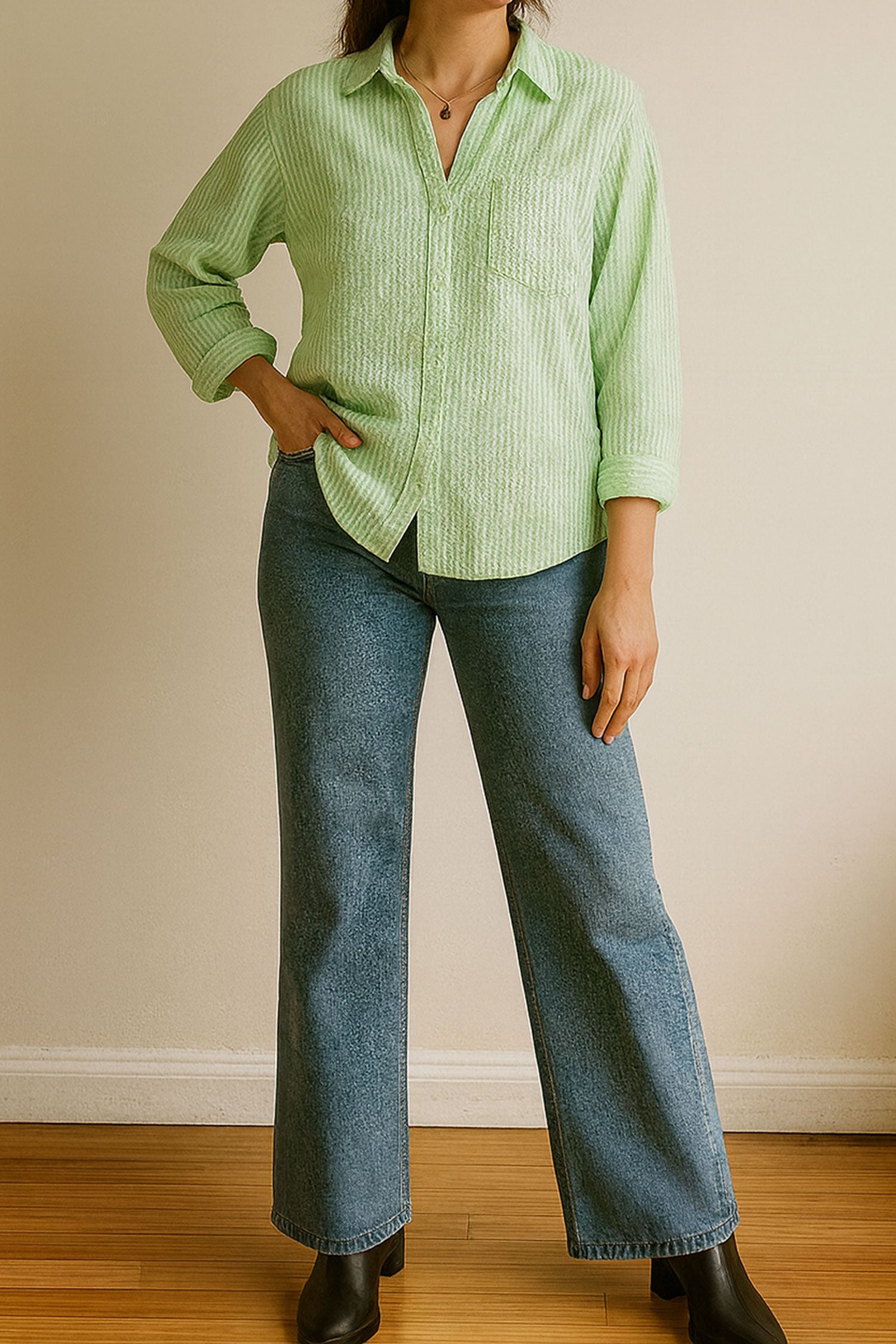 Seersucker Shirt Green Striped