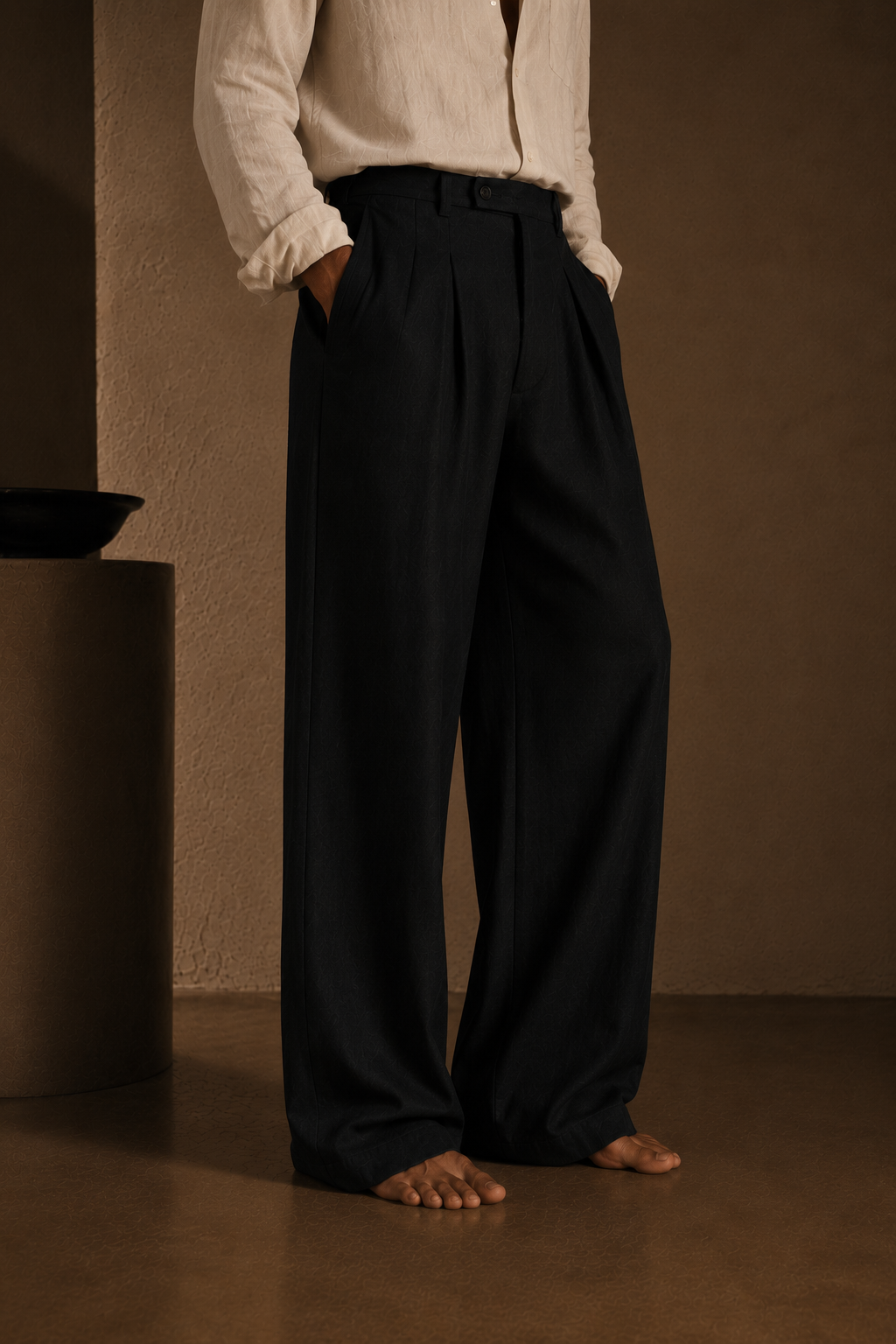 Men Linen Regular Pleated Trouser-Black