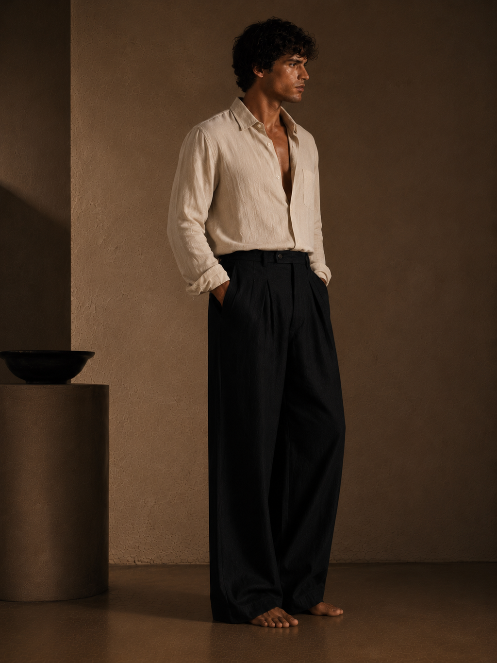 Men Linen Regular Pleated Trouser-Black