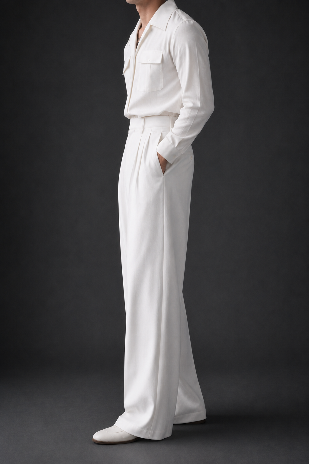 High-Waist Stripe Pleated Wide Leg Pants-White