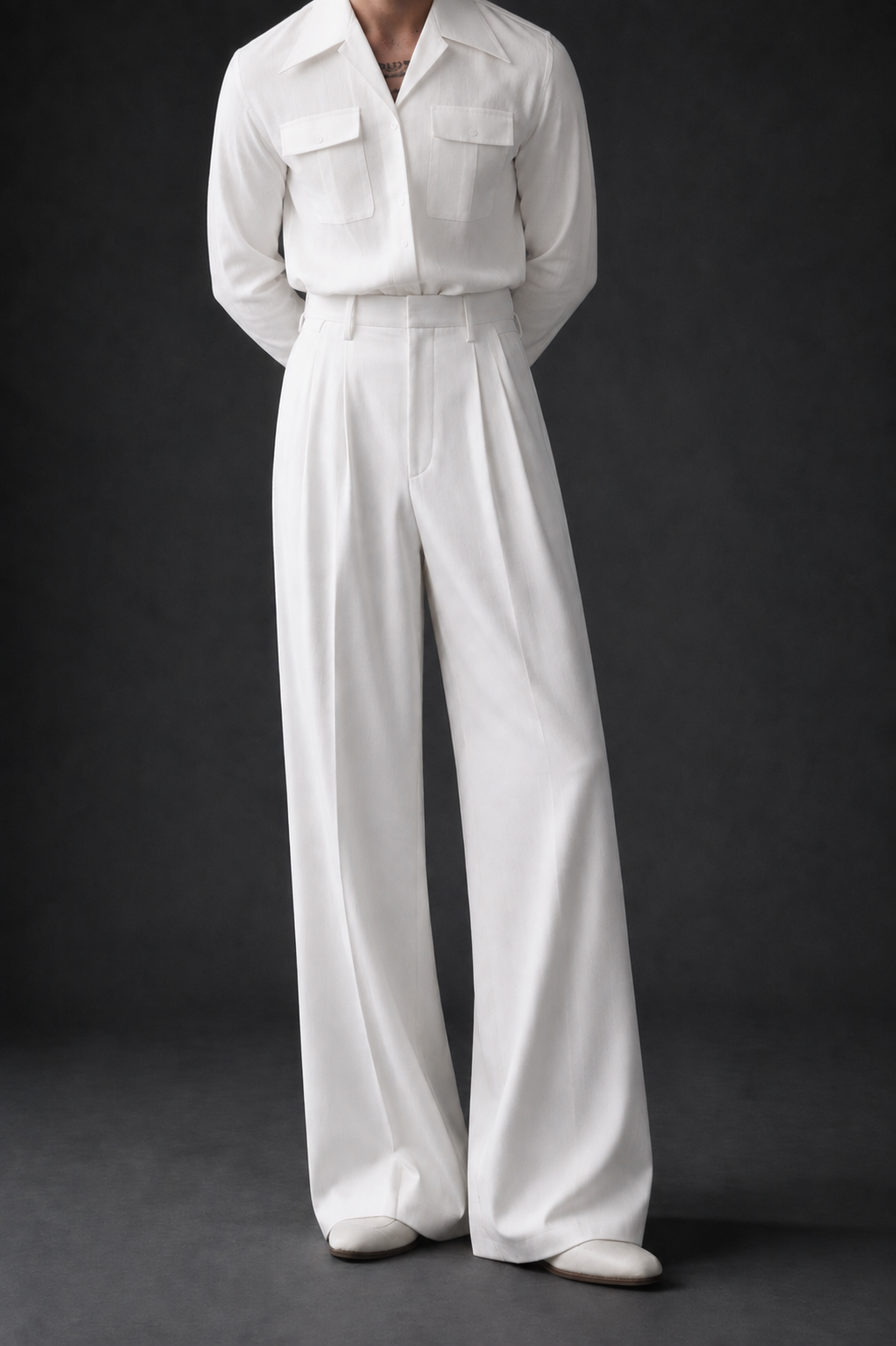 High-Waist Stripe Pleated Wide Leg Pants-White