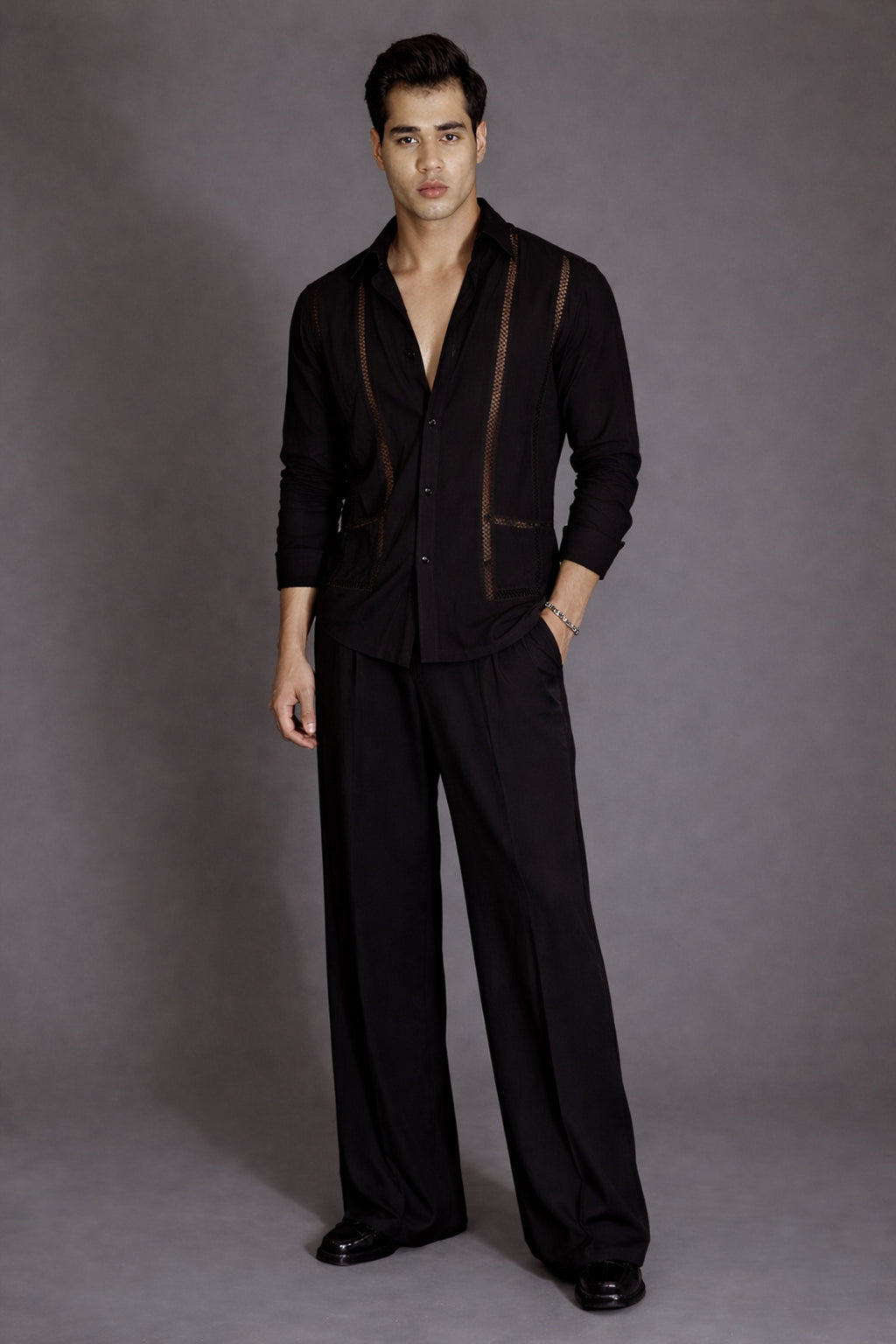 Black Lace Evening Full Sleeves Shirt- Black