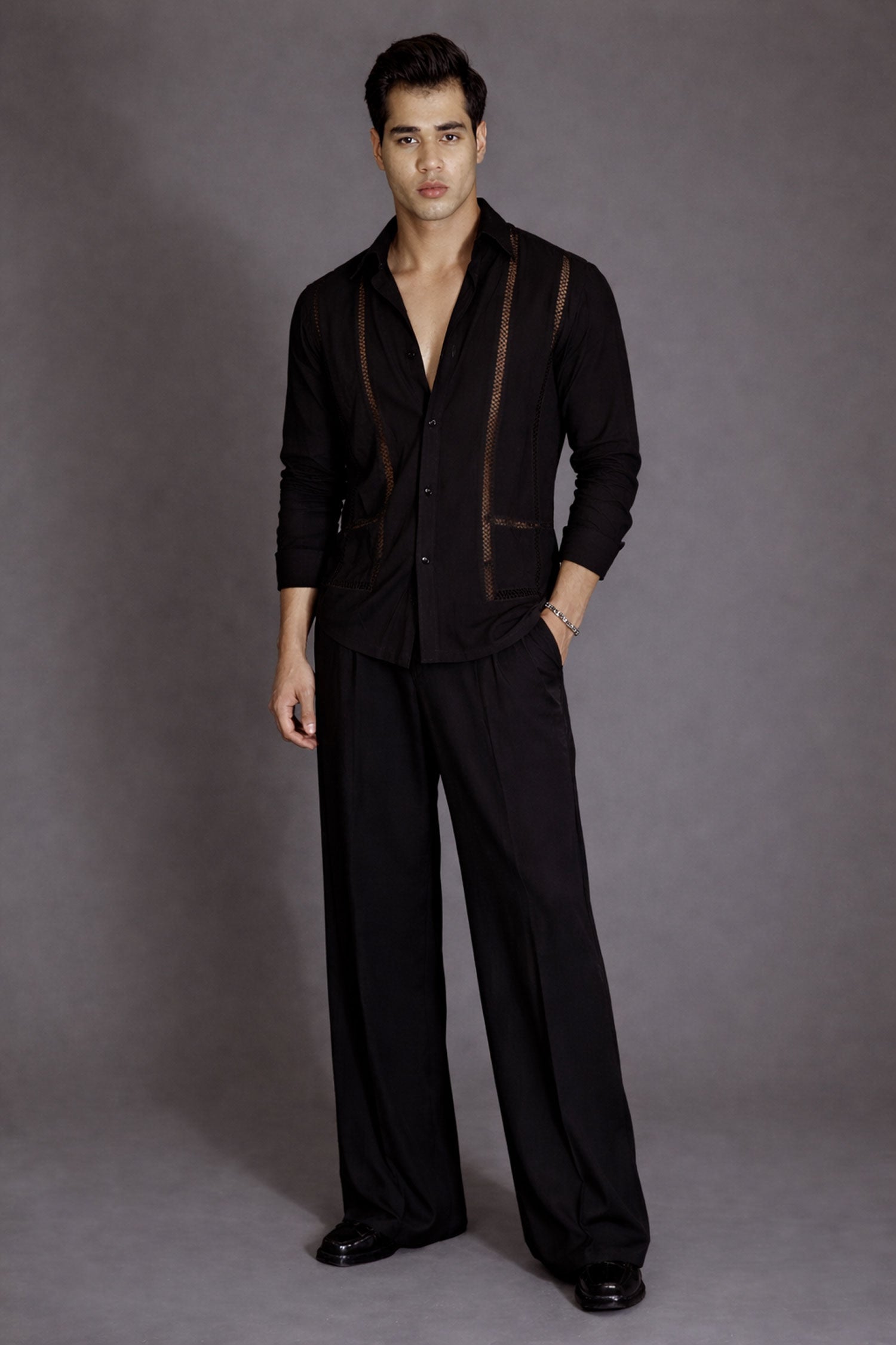 Black Lace Evening Full Sleeves Shirt- Black