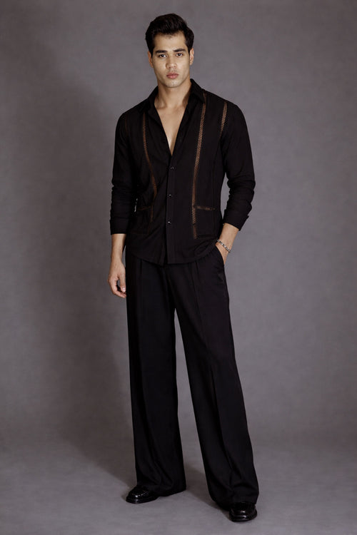 Black Lace Evening Full Sleeves Shirt- Black