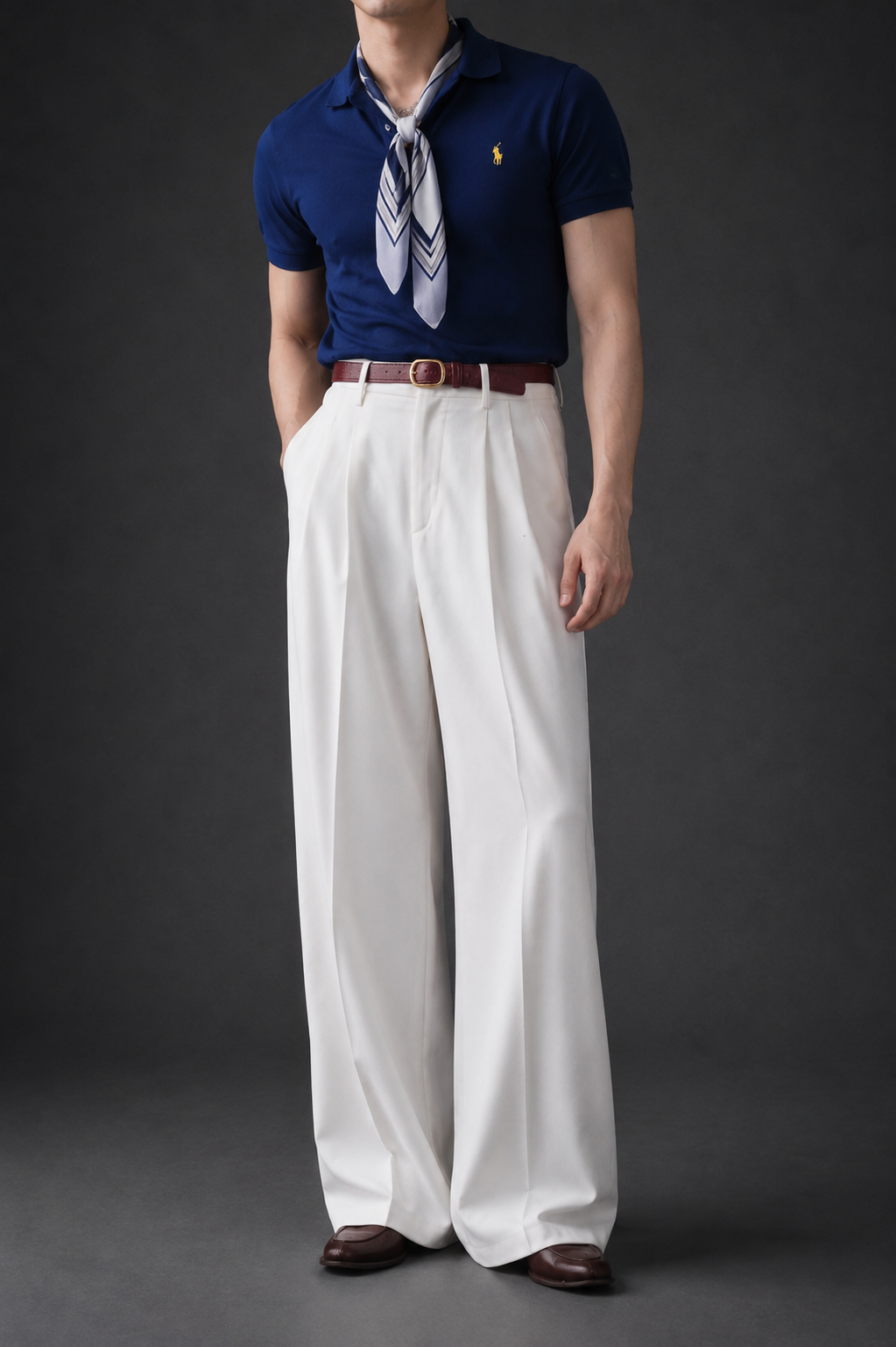 High-Waist Stripe Pleated Wide Leg Pants-White