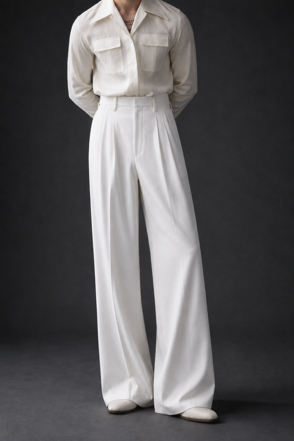 High-Waist Stripe Pleated Wide Leg Pants-White