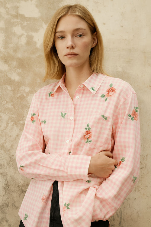 Gingham Checks Printed Flower shirt-Pink