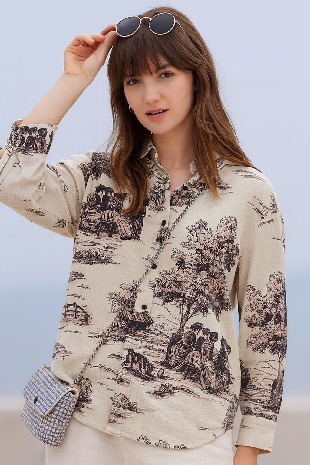 Retro Printed Cotton Flax Shirt-Beige