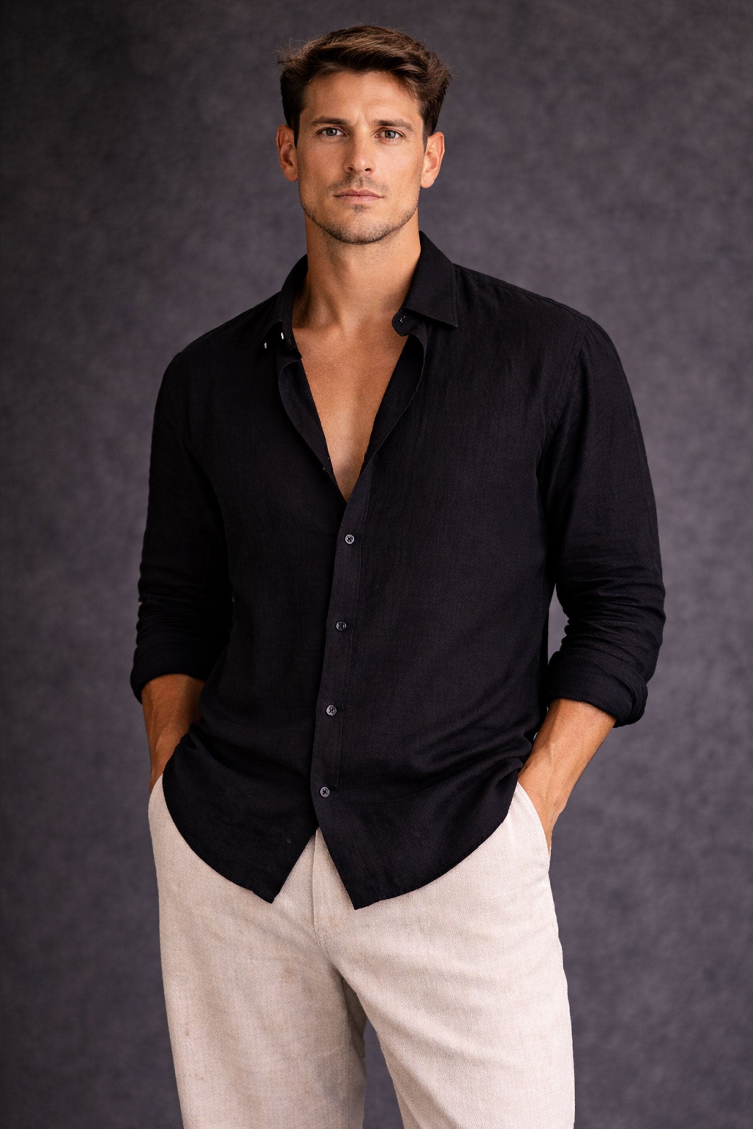 Men Linen shirt-Black