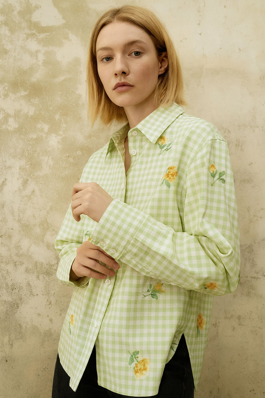 Gingham Checks Printed Flower shirt-Green