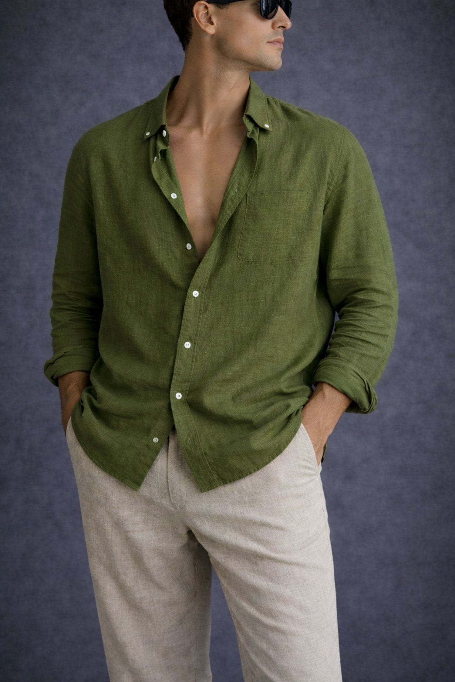 Men Linen shirt-Olive Green