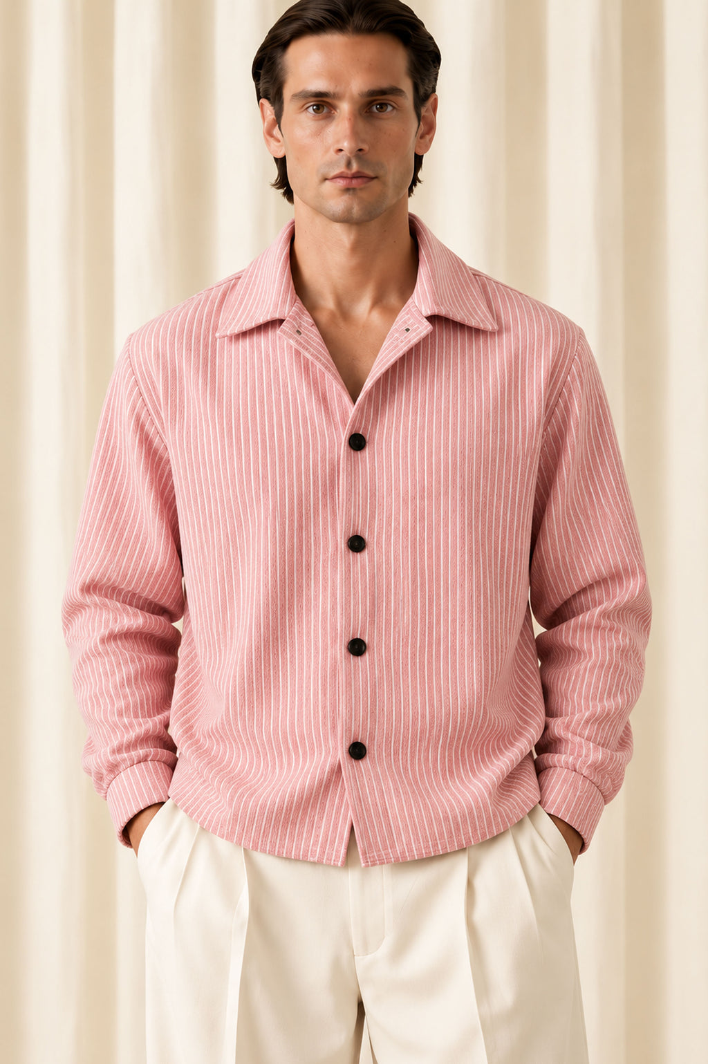 Stripe Denim Overshirt-Light Pink