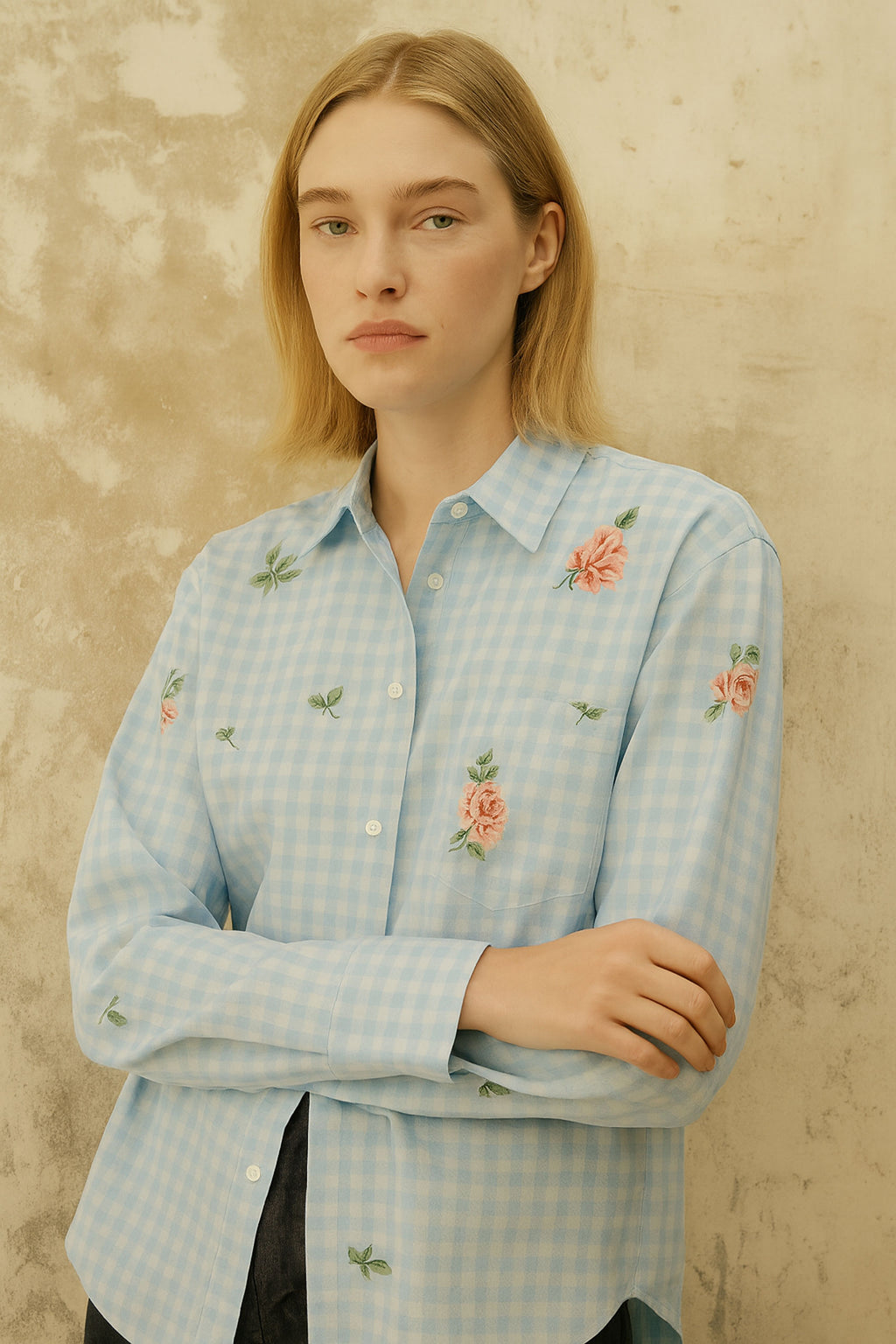 Gingham Checks Printed Flower shirt-Blue