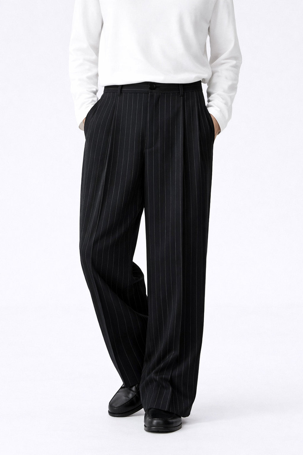 Men Straight Fit Pleated Pin Stripe Pants-Black