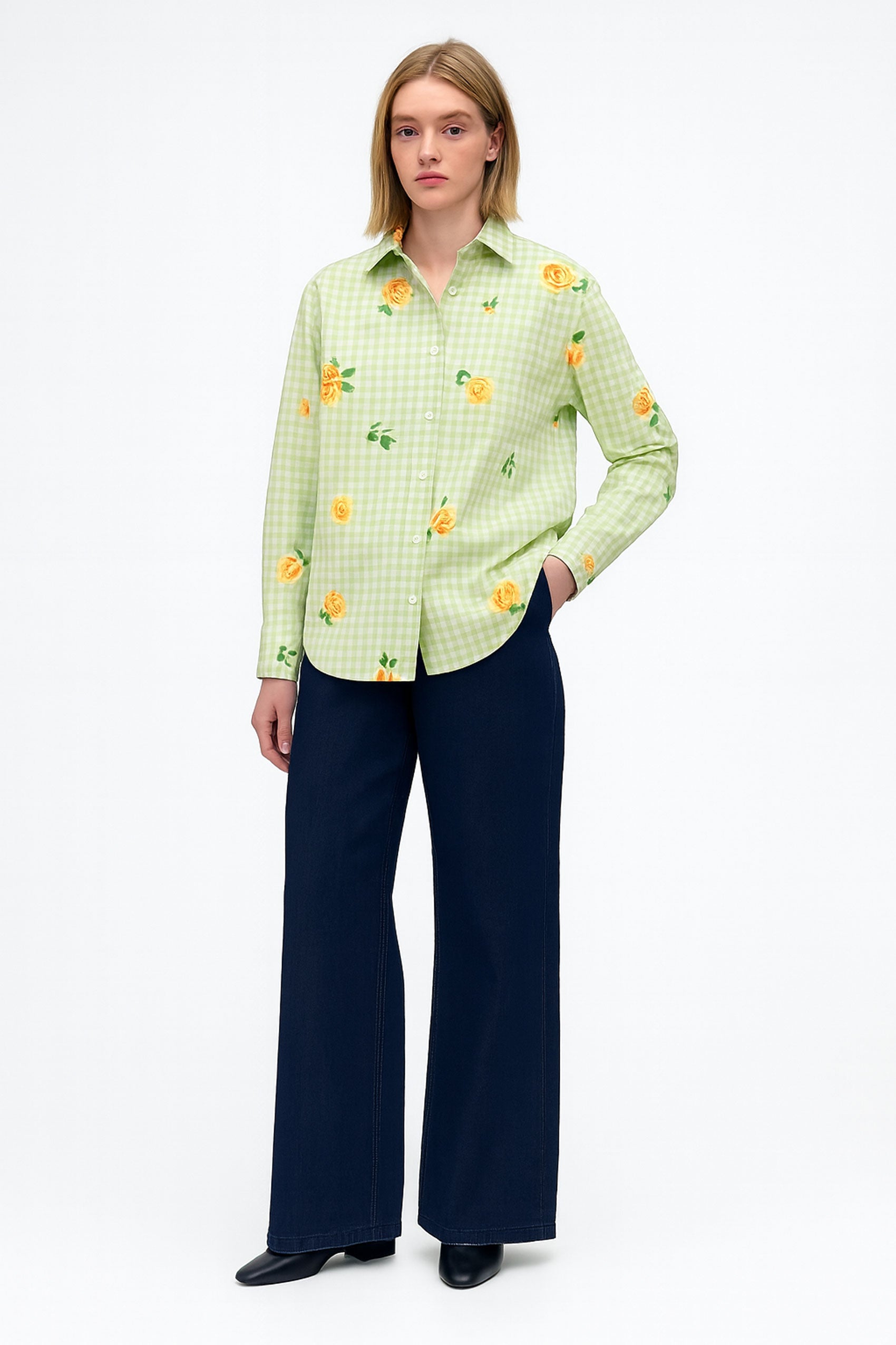 Gingham Checks Printed Flower shirt-Green