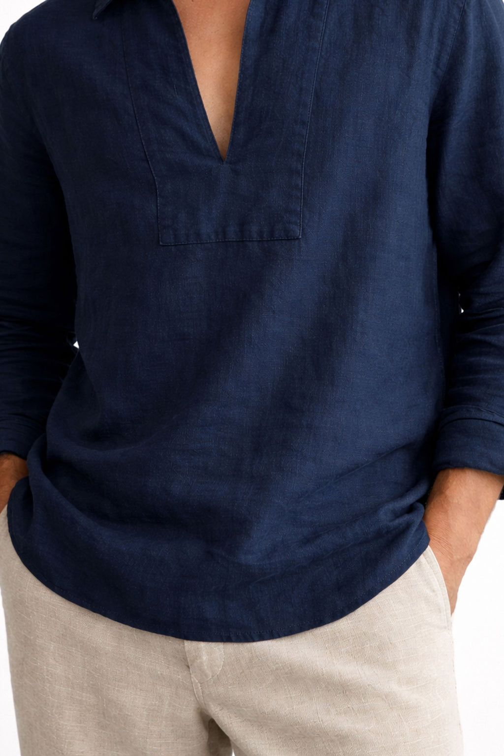 Men Linen Short Kurta-Navy Blue