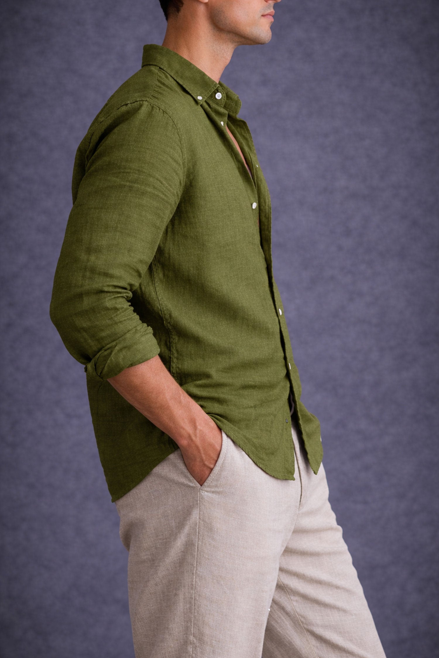 Men Linen shirt-Olive Green