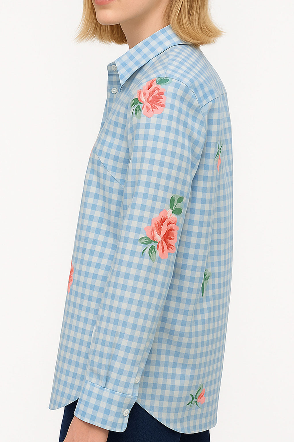 Gingham Checks Printed Flower shirt-Blue