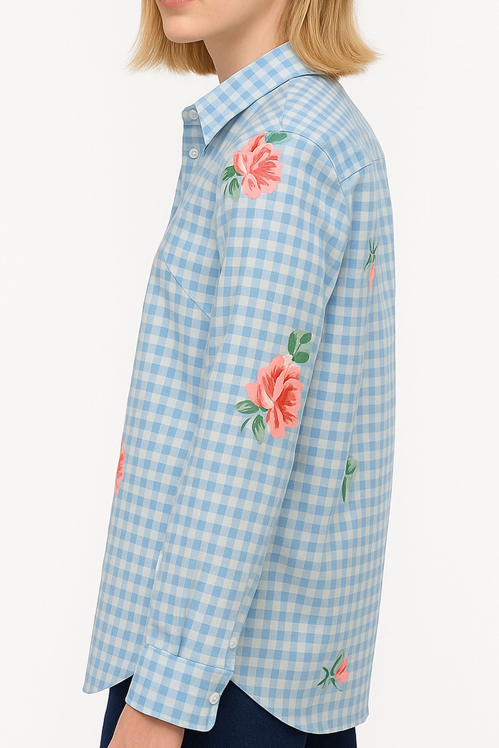 Gingham Checks Printed Flower shirt-Blue