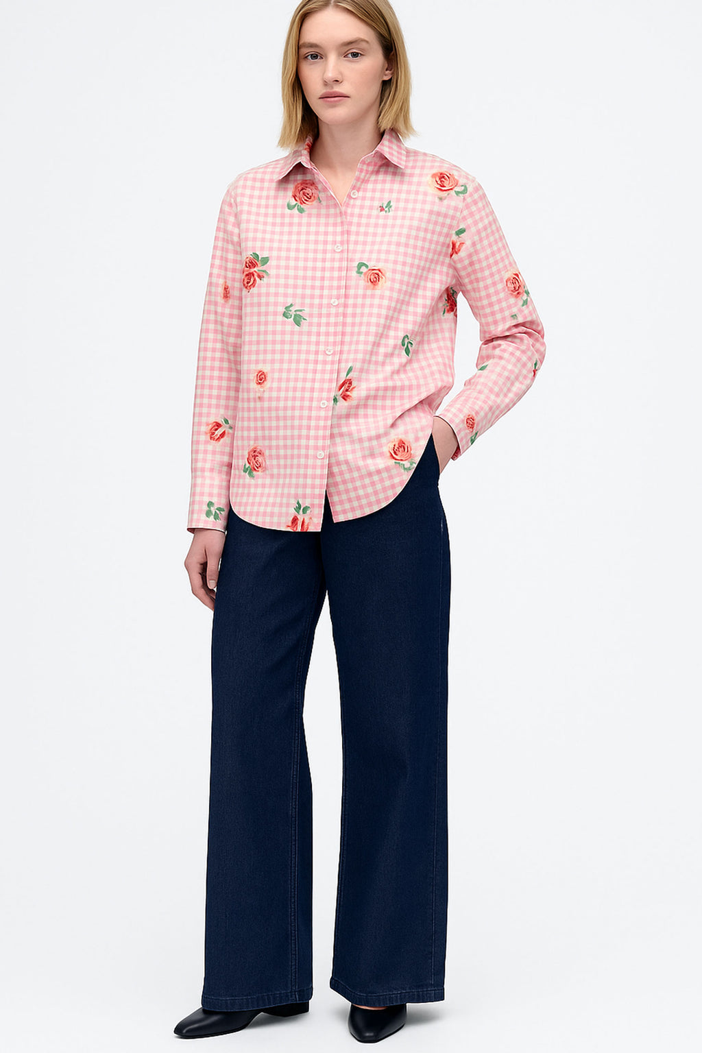Gingham Checks Printed Flower shirt-Pink
