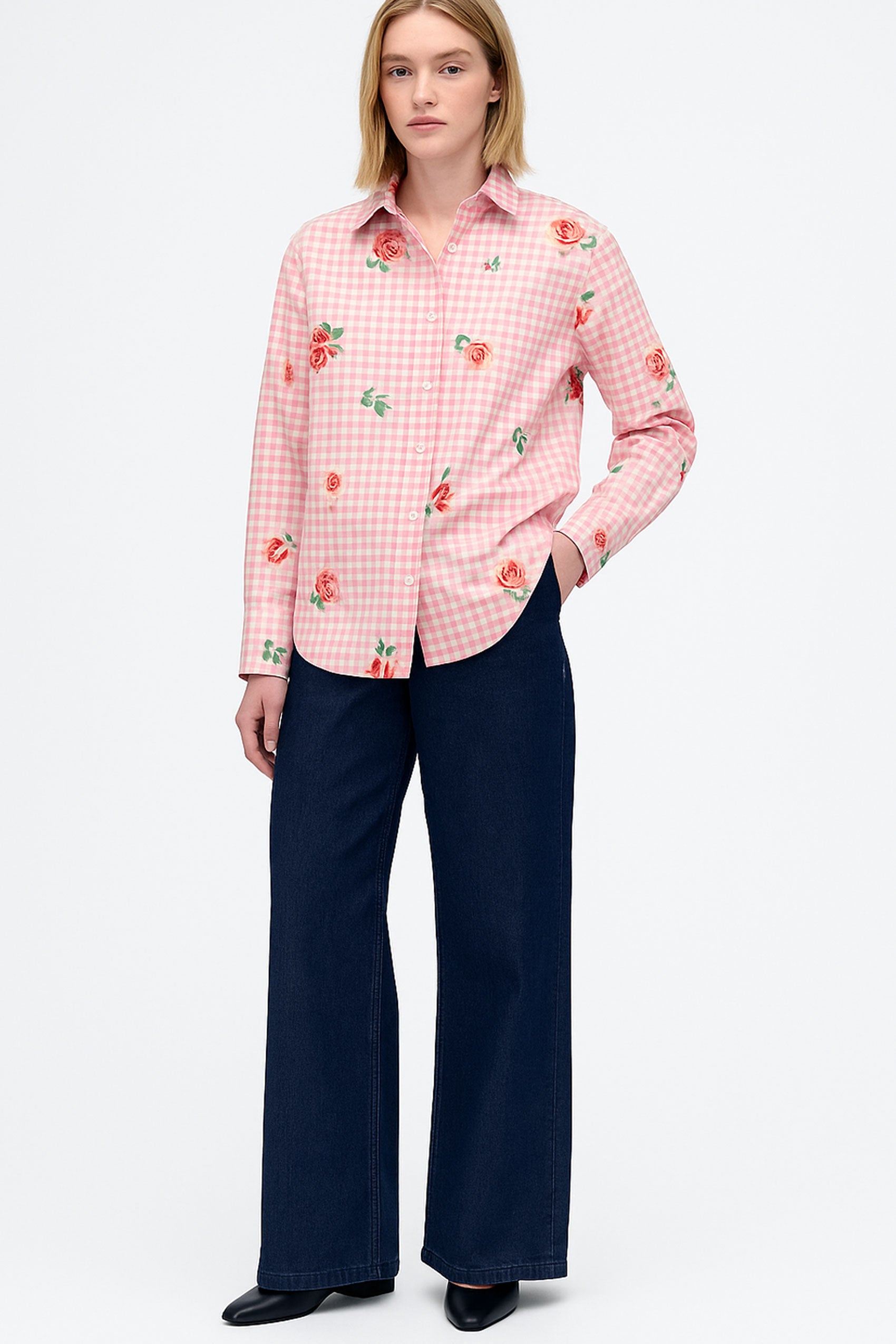Gingham Checks Printed Flower shirt-Pink