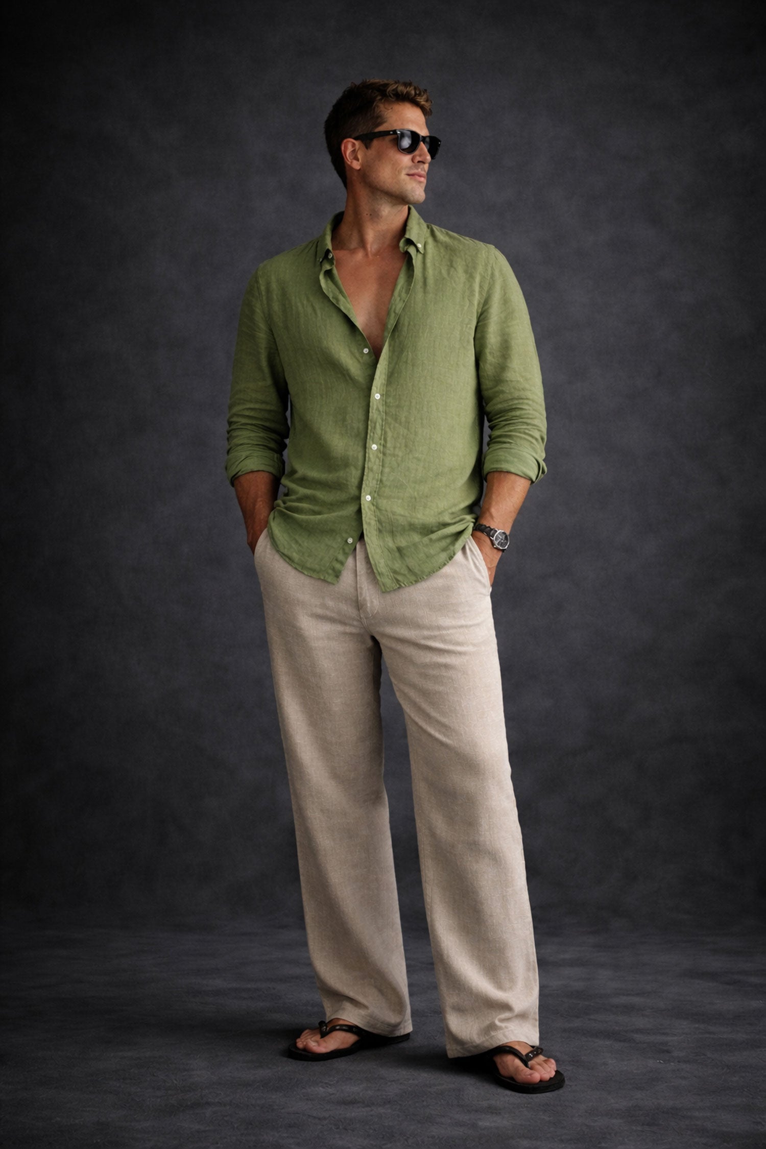Men Linen shirt-Dusty Green