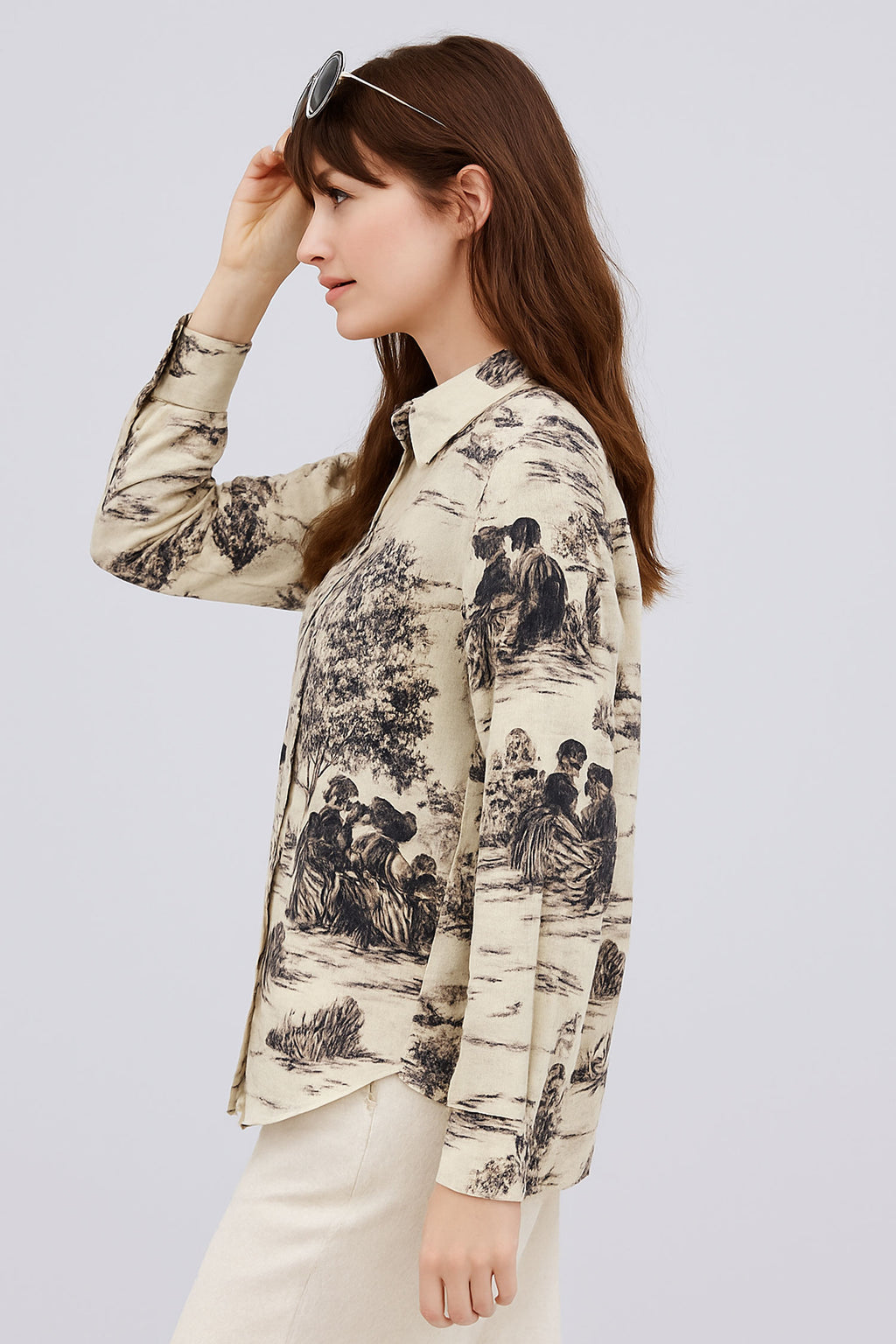 Retro Printed Cotton Flax Shirt-Beige