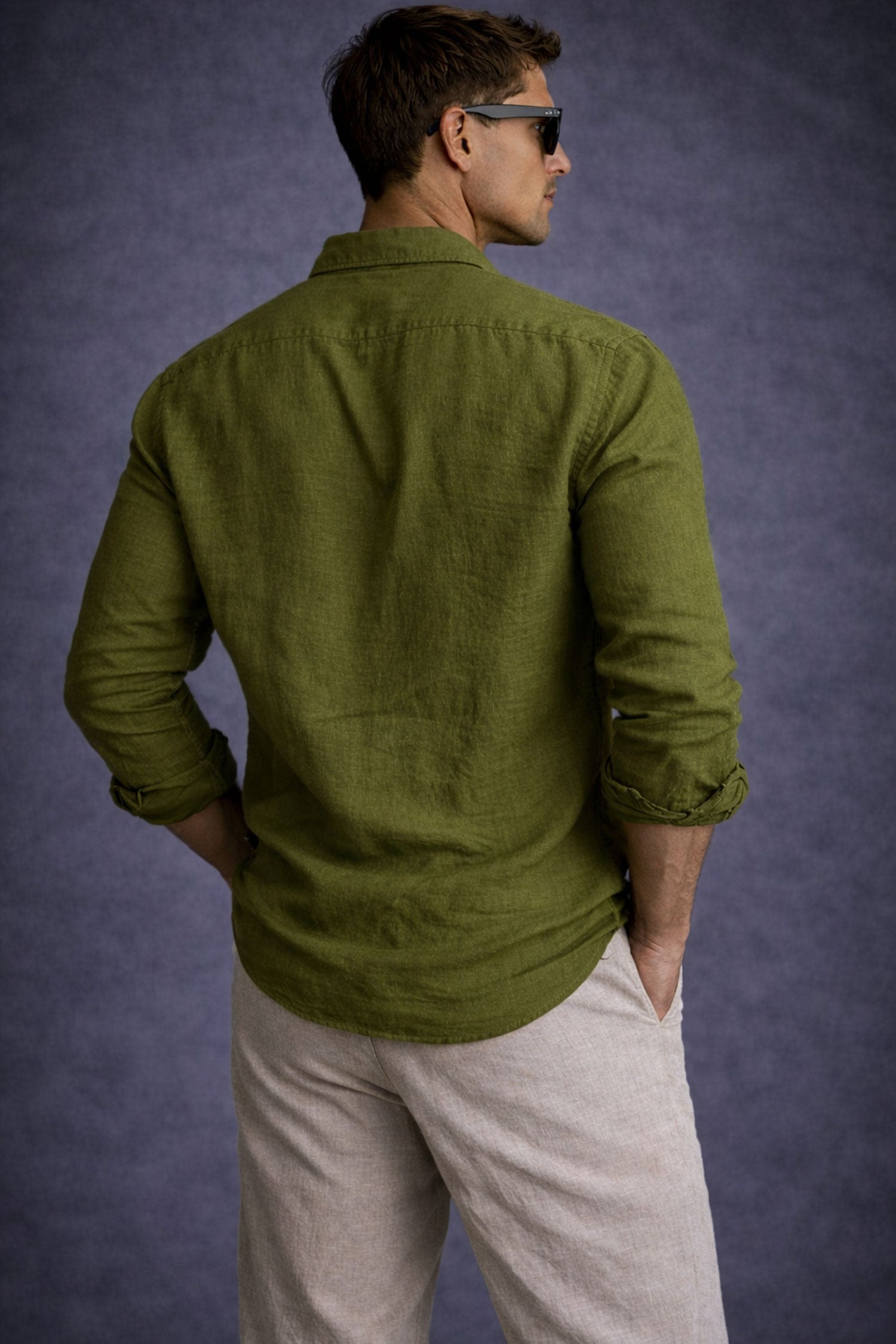 Men Linen shirt-Olive Green