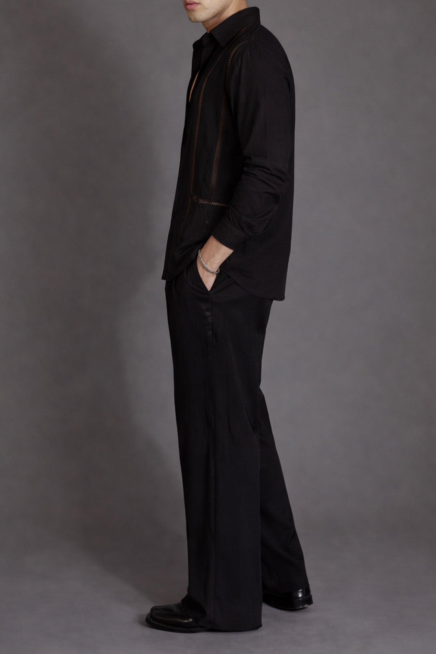 Black Lace Evening Full Sleeves Shirt- Black