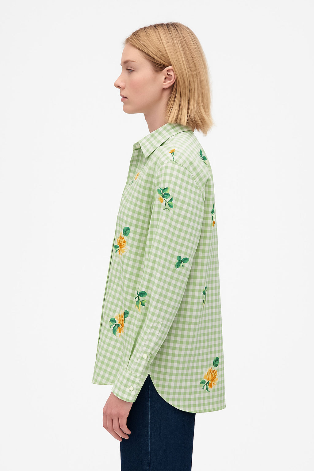 Gingham Checks Printed Flower shirt-Green