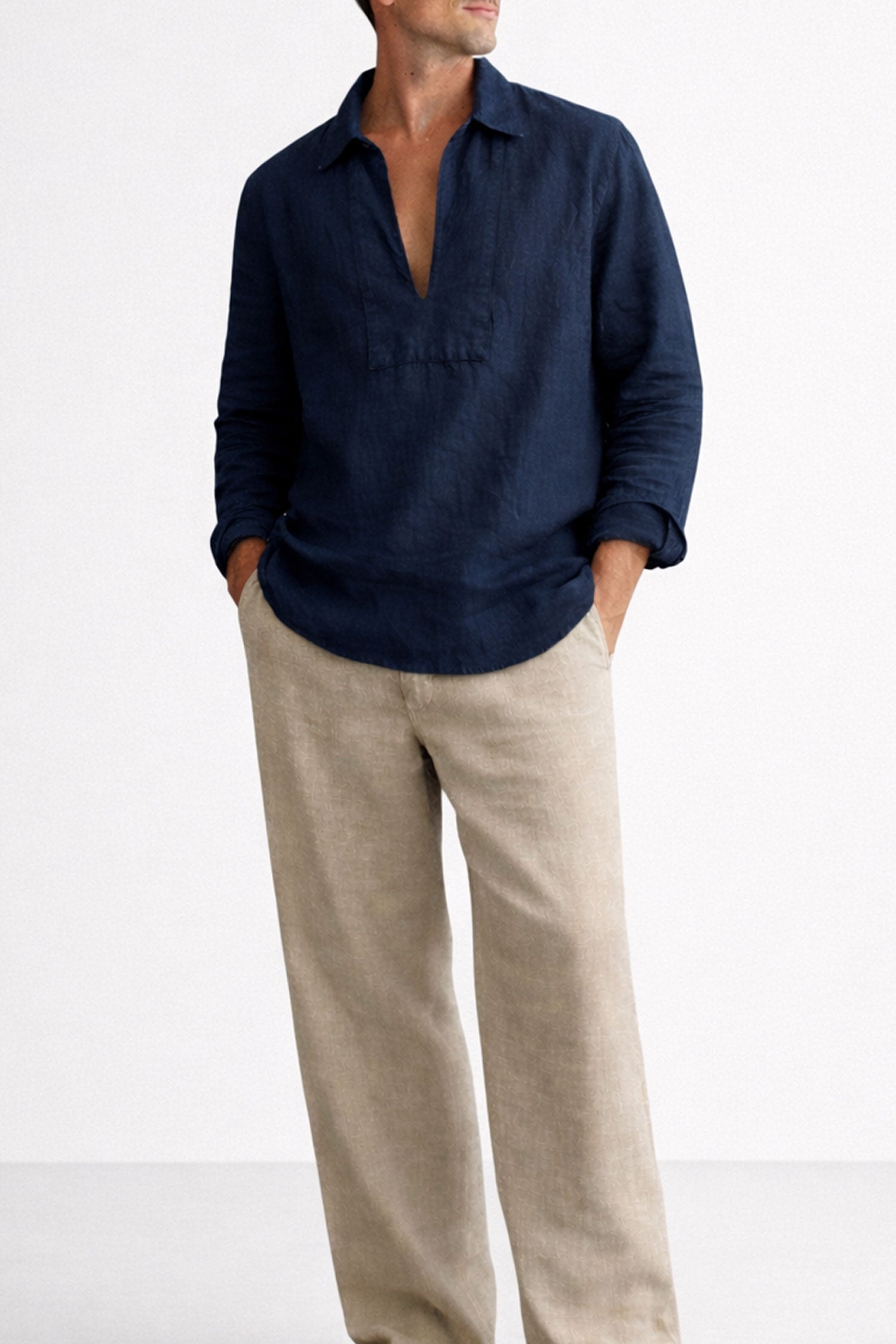 Men Linen Short Kurta-Navy Blue