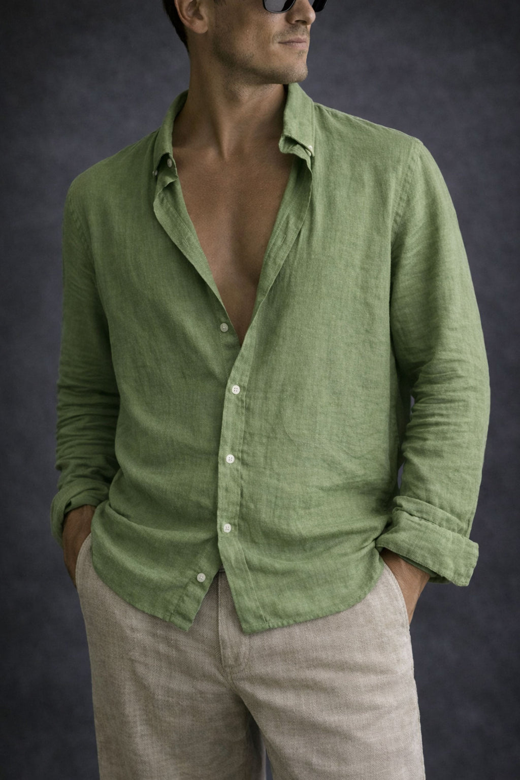 Men Linen shirt-Dusty Green