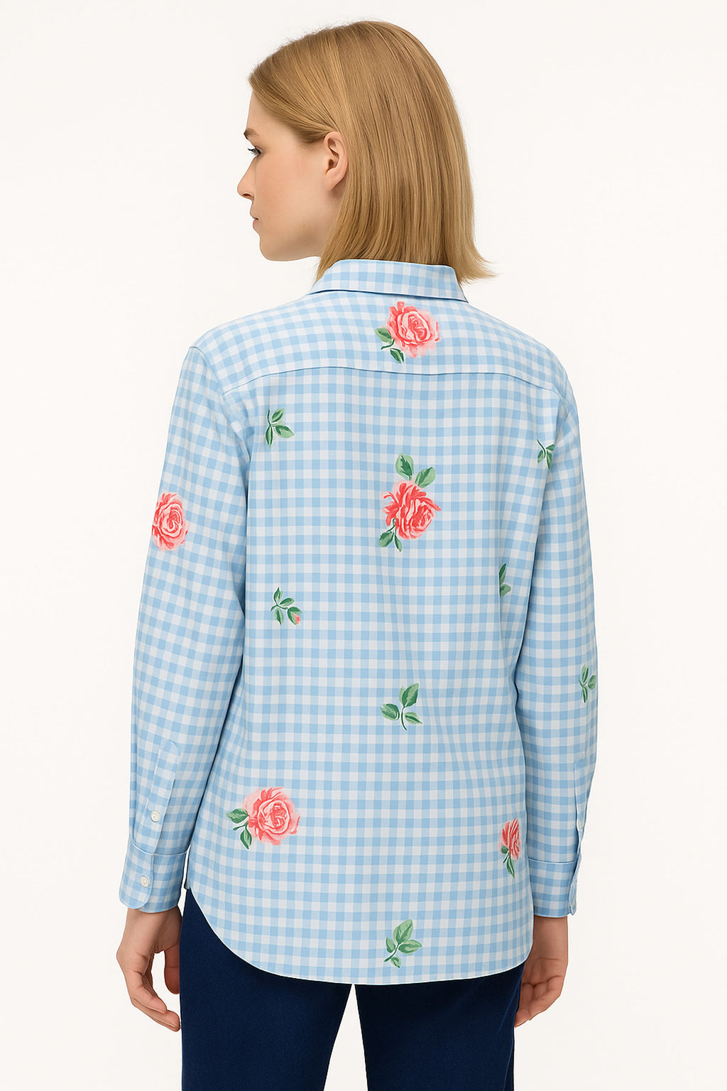 Gingham Checks Printed Flower shirt-Blue