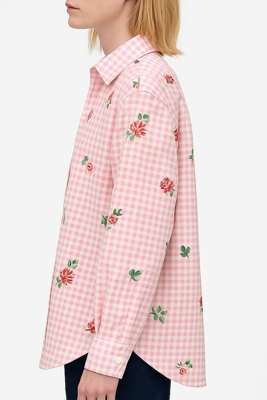 Gingham Checks Printed Flower shirt-Pink