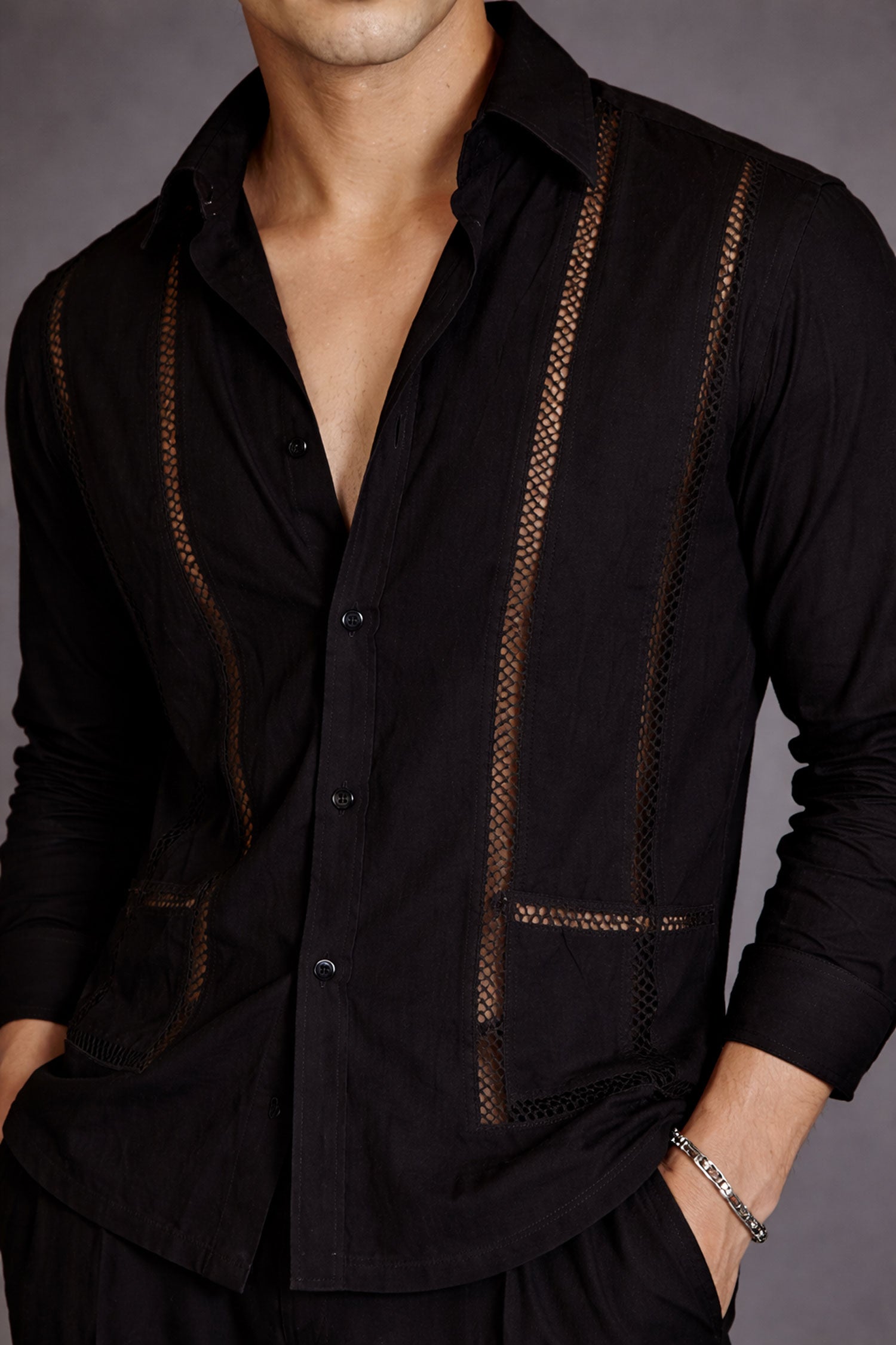 Black Lace Evening Full Sleeves Shirt- Black