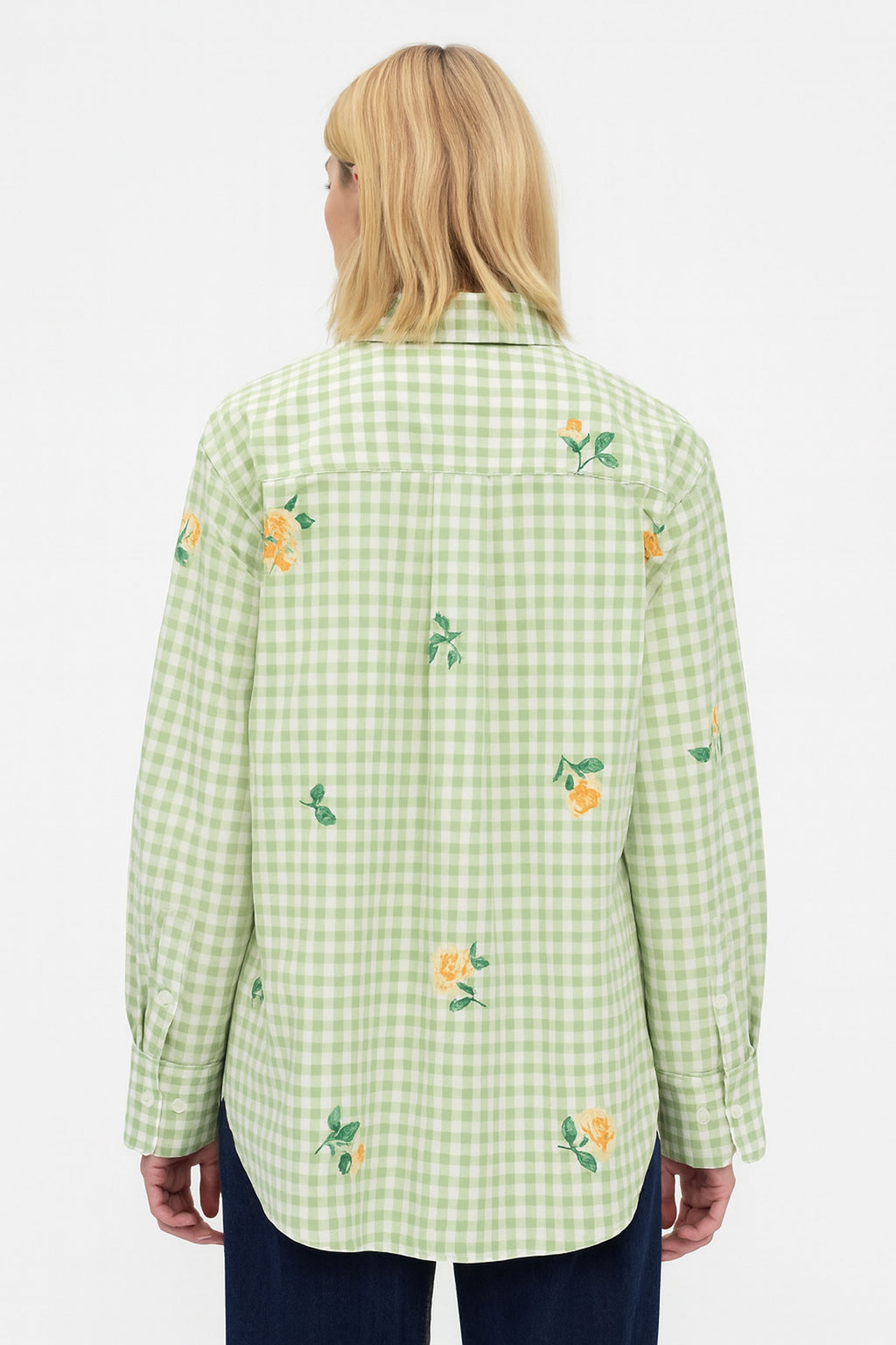Gingham Checks Printed Flower shirt-Green