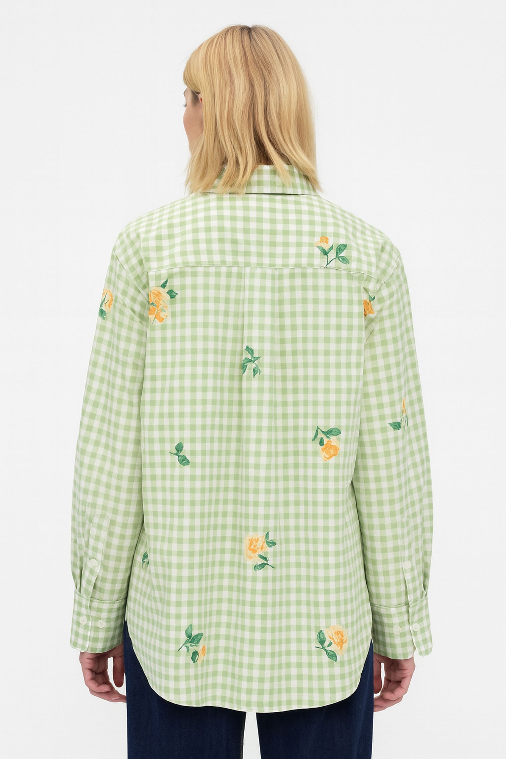 Gingham Checks Printed Flower shirt-Green