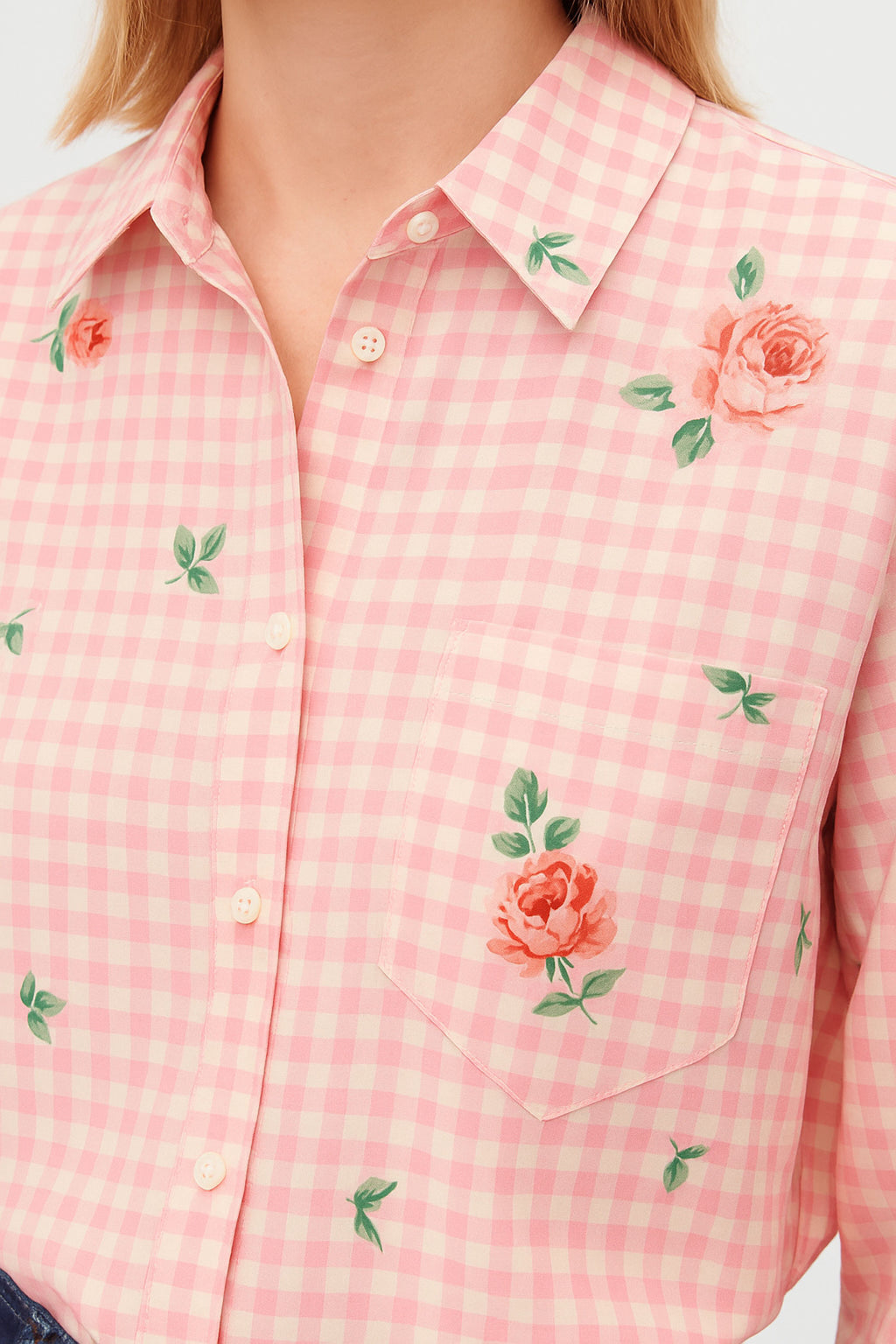 Gingham Checks Printed Flower shirt-Pink