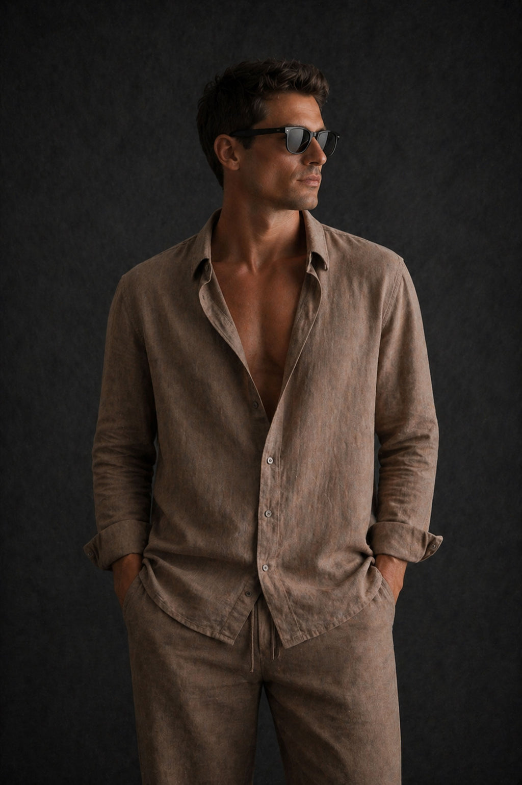 Men Linen Shirt- Light Brown
