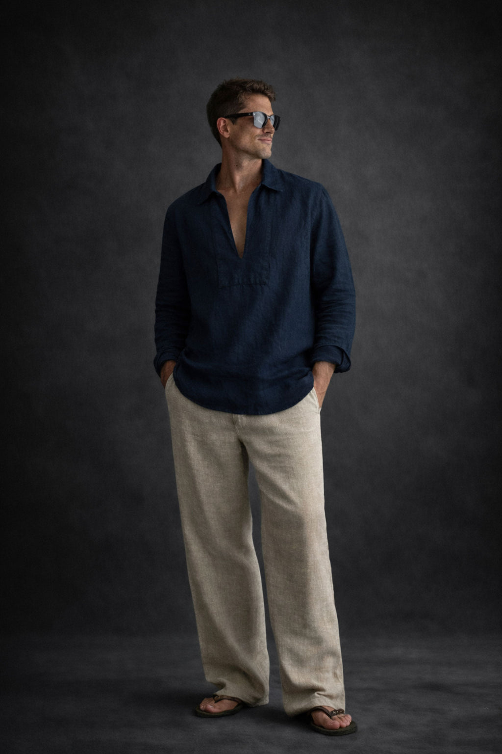 Men Linen Short Kurta-Navy Blue