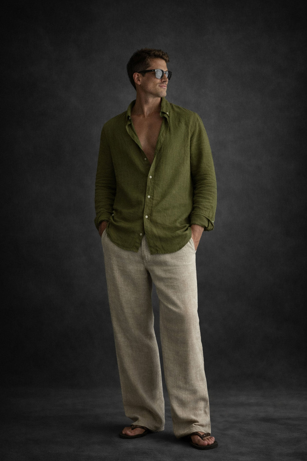 Men Linen shirt-Olive Green