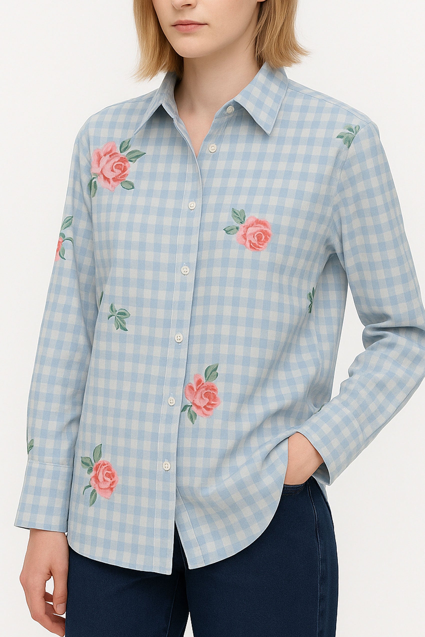 Gingham Checks Printed Flower shirt-Blue