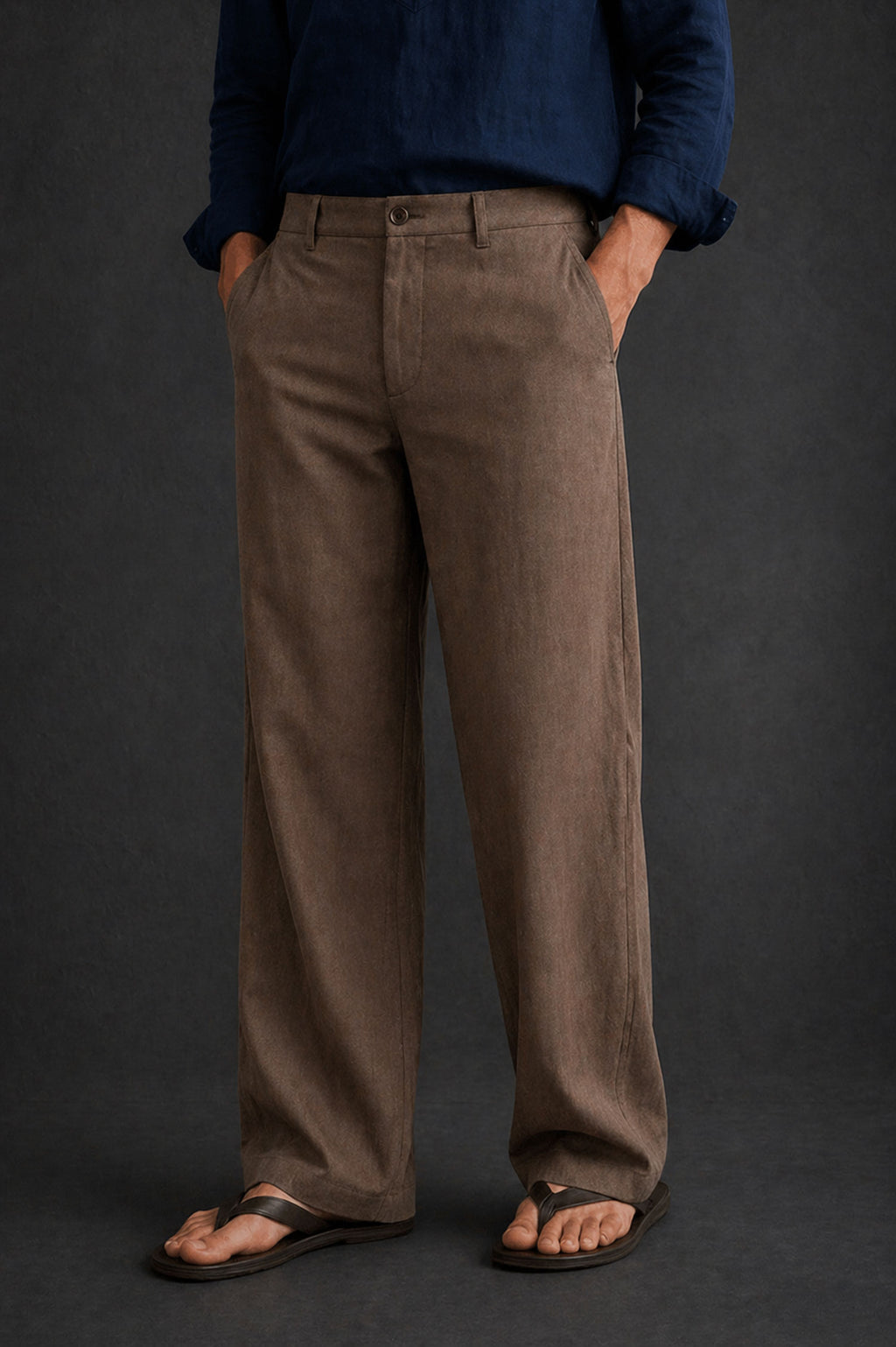 Men Regular Fit Linen Pants-Brown