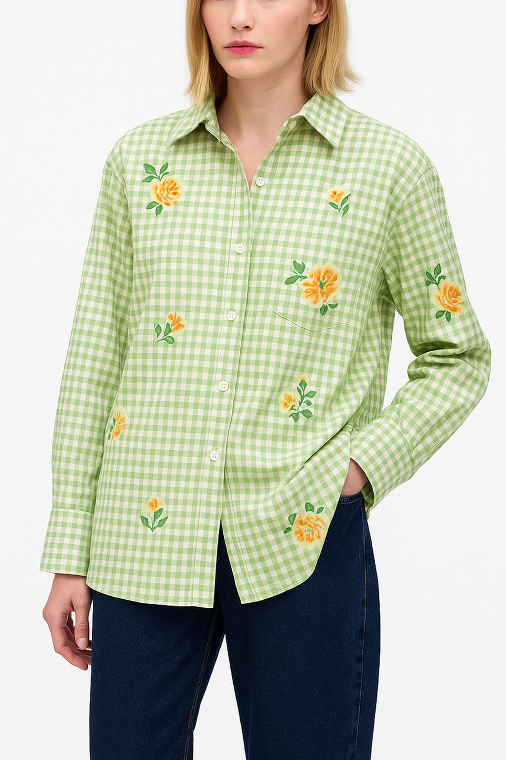 Gingham Checks Printed Flower shirt-Green