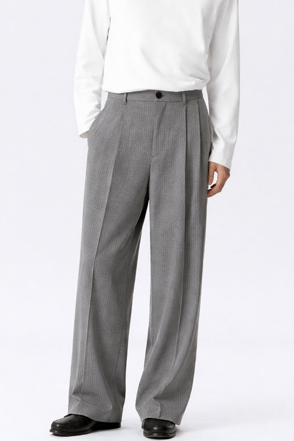 Men Straight Fit Pleated Pin Stripe Pants- Light Grey