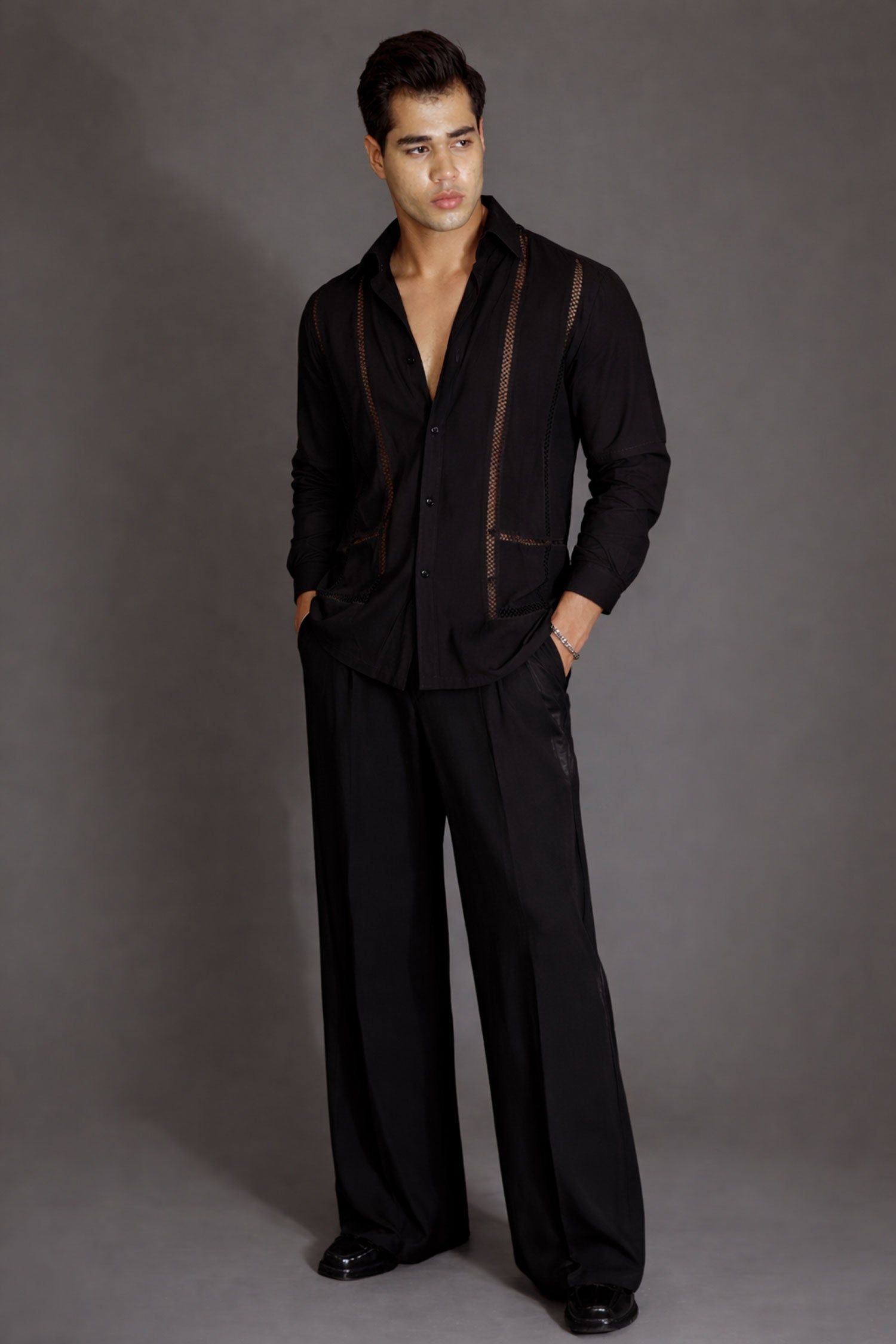 Black Lace Evening Full Sleeves Shirt- Black