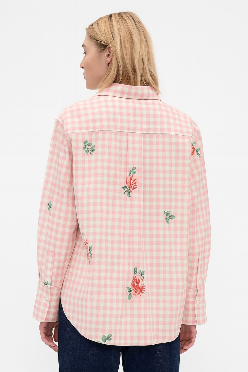 Gingham Checks Printed Flower shirt-Pink