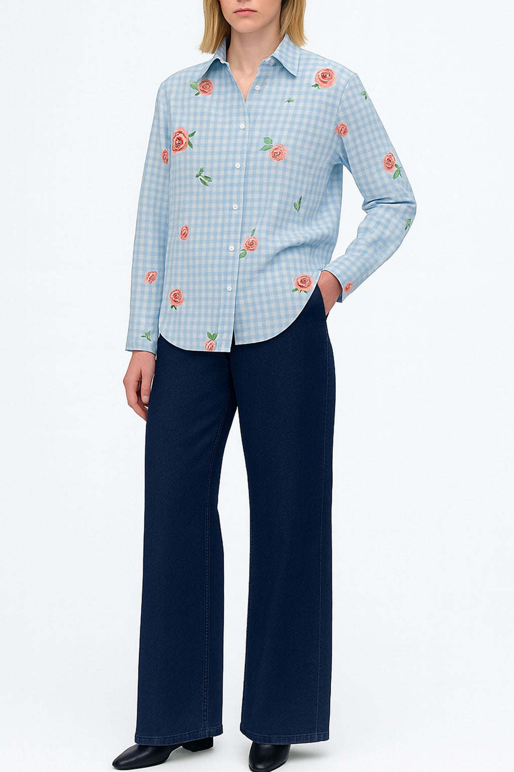 Gingham Checks Printed Flower shirt-Blue