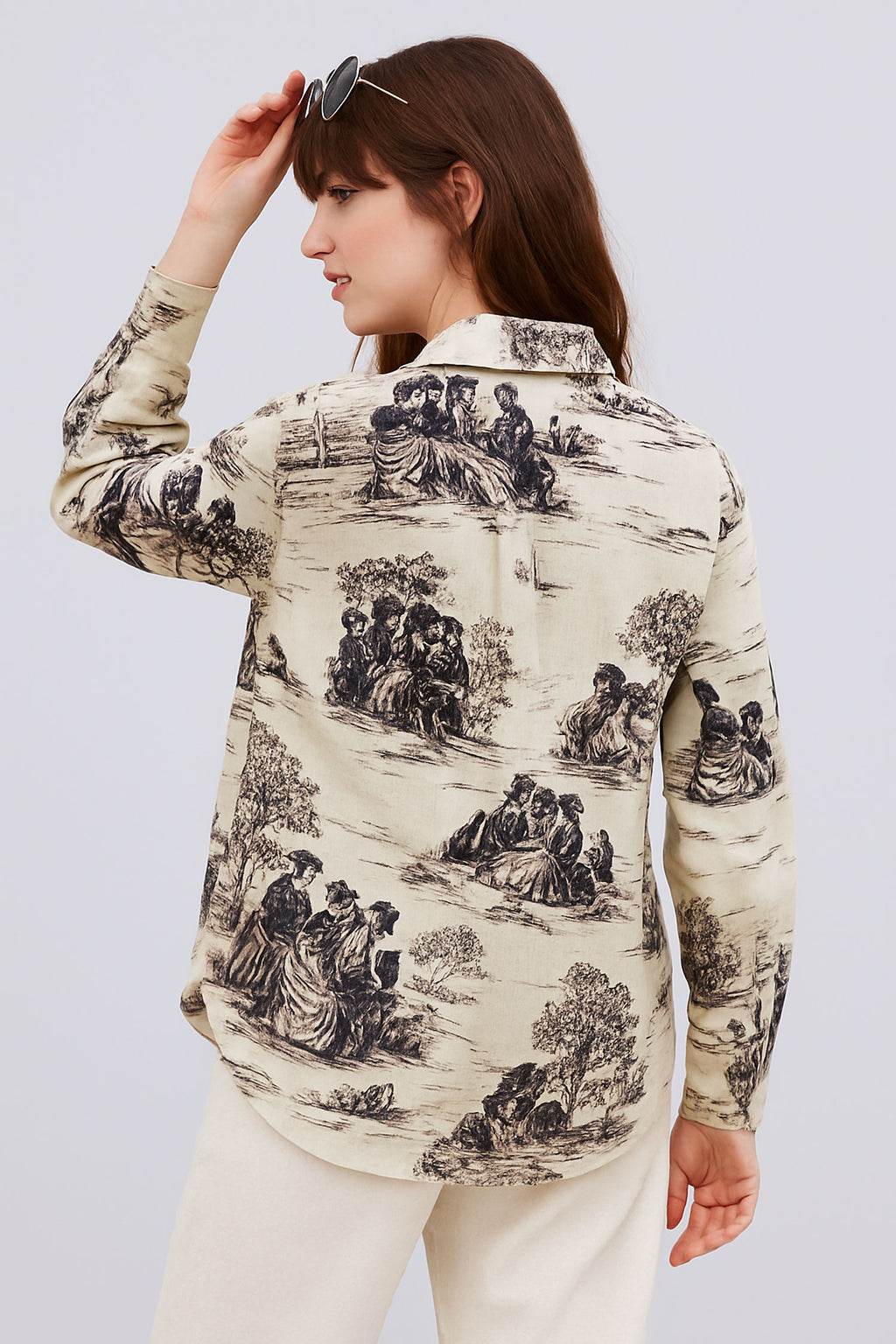 Retro Printed Cotton Flax Shirt-Beige