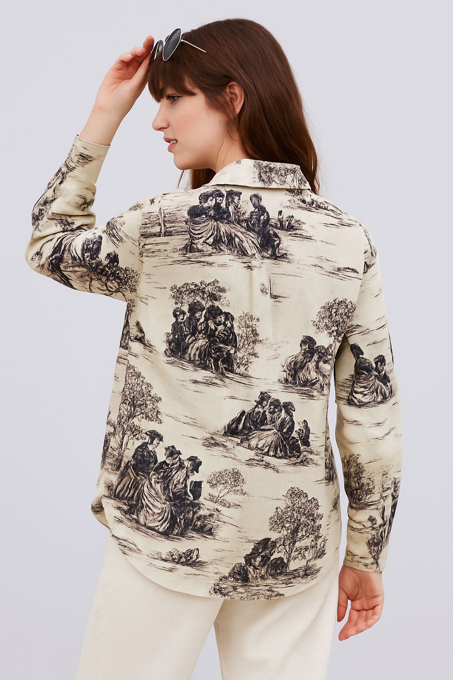 Retro Printed Cotton Flax Shirt-Beige